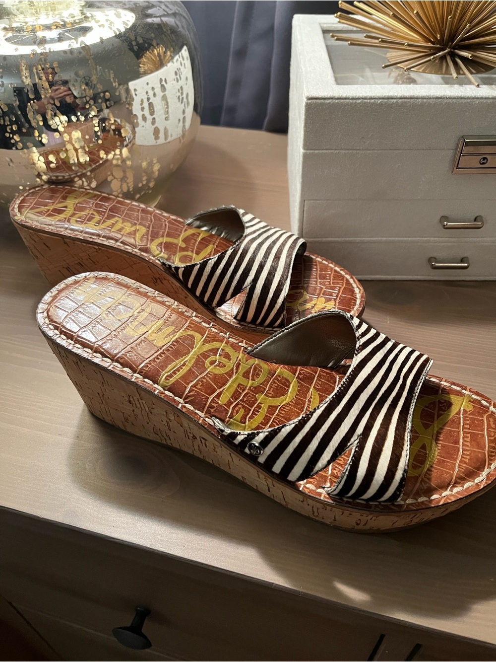 Women’s Zebra-Print Cork Wedge Sandals - Brown/White